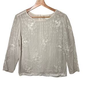 Reiss Floral Embroidered Beaded Blouse Top Semi Sheer Chiffon 3/4 Sleeves Size 4